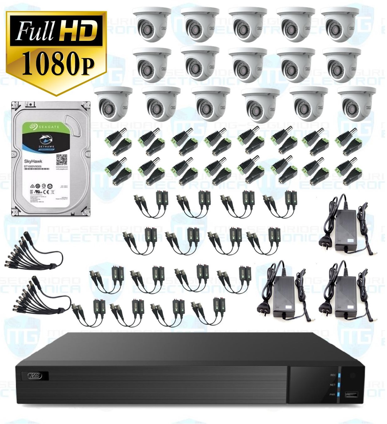 DVR, disco 4 TB, 16 cámaras minidomo, balunes, 3 fuentes y conectores.